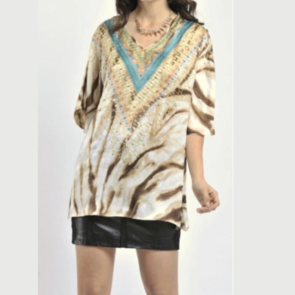 Chico's V-Neck Gem Embellished Print Teal Dolman Short Sleeve Poncho Top Shirt 4